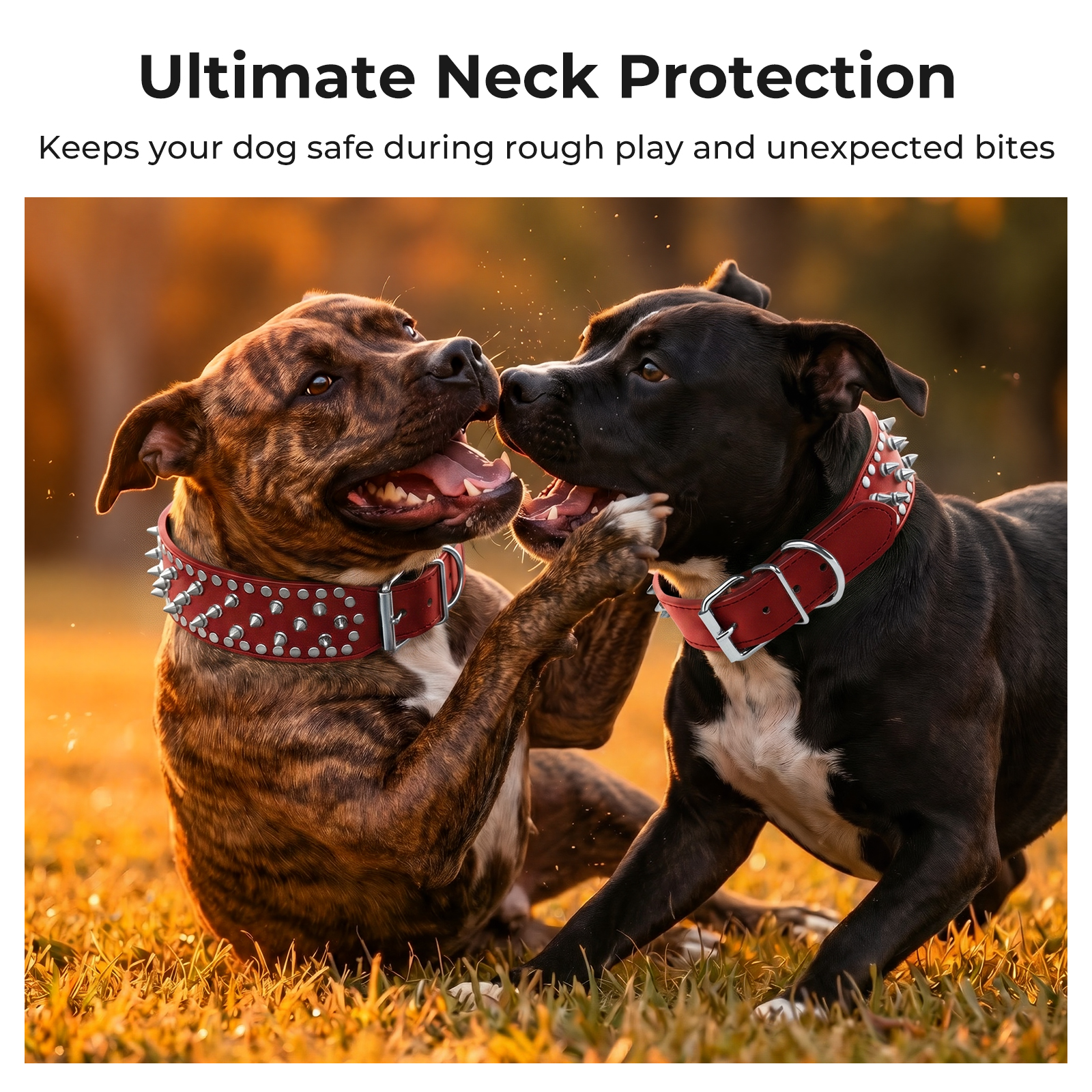 Frienhund Anti-Bite Wide Spiked Studded Dog Collar: Adjustable PU Leather Dog Collars for Medium & Large Dogs, Heavy Duty, Metal D-Ring, Neck Protection, Punk Style, Red
