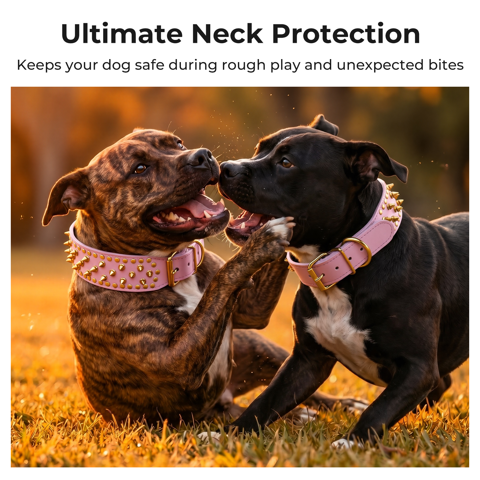 Frienhund Anti-Bite Wide Spiked Studded Dog Collar: Adjustable PU Leather Dog Collars for Medium & Large Dogs, Heavy Duty, Metal D-Ring, Neck Protection, Punk Style, Pink-Gold