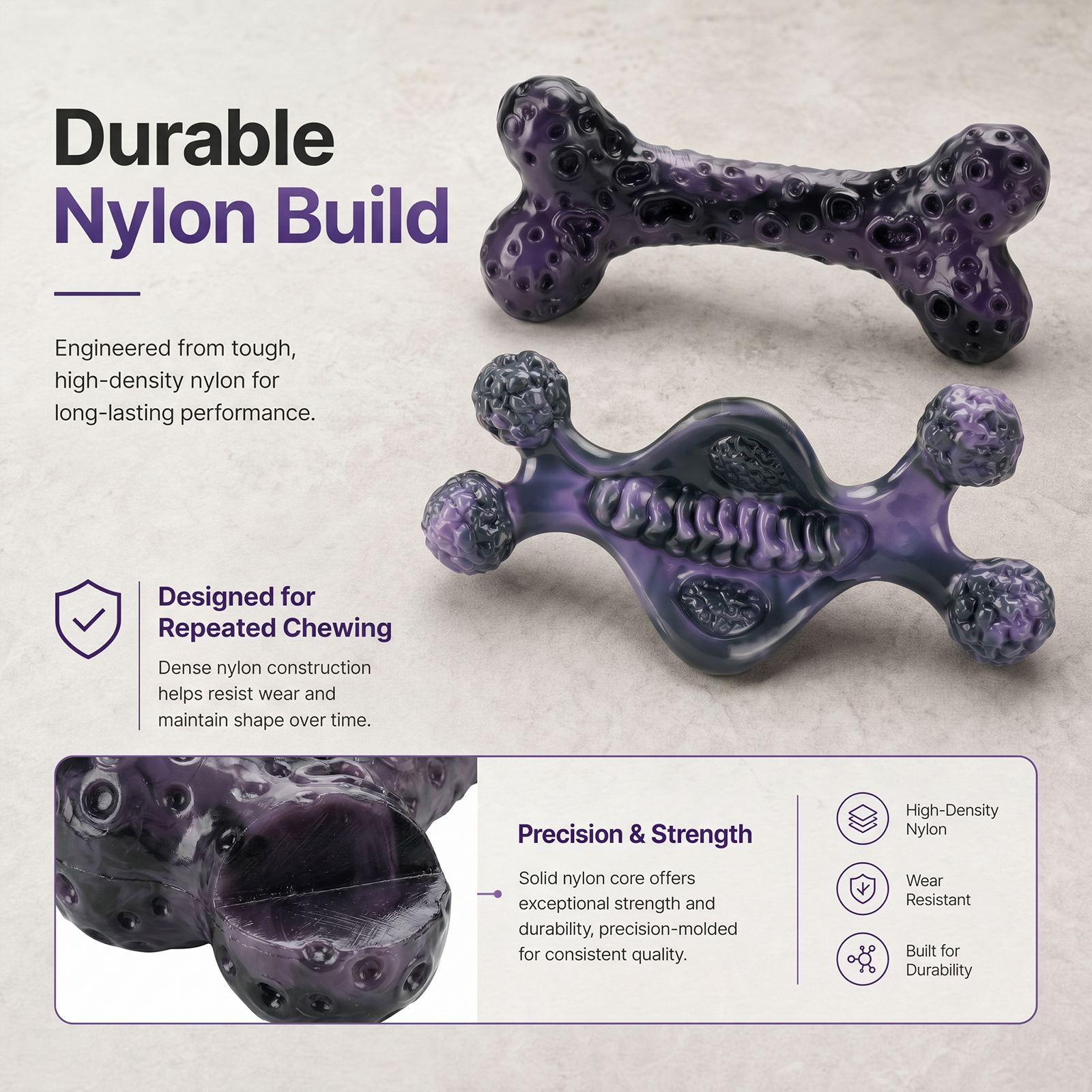 Tough Dog Chew Toys for Aggressive Chewers 25-90 lbs, 2 Pack | Bacon-flavored, rock-hard, solid nylon bone set, redirect destructive chewing, for medium & large breeds