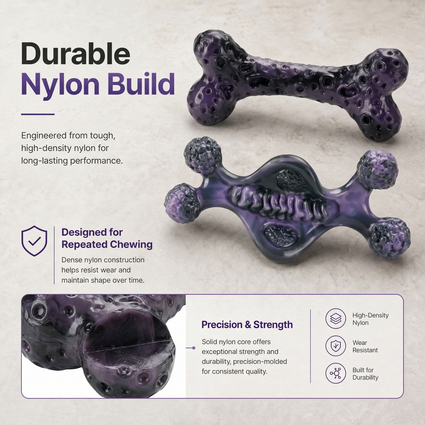 Tough Dog Chew Toys for Aggressive Chewers 25-90 lbs, 2 Pack | Bacon-flavored, rock-hard, solid nylon bone set, redirect destructive chewing, for medium & large breeds