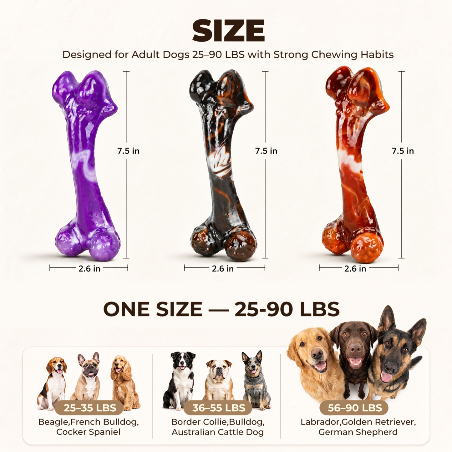 3-Pack Tough Dog Bone Chew Toys for Aggressive Chewers, 25–90 lbs Heavy-Duty Dog Bones for Medium & Large Dogs, Solid Nylon, Textured Surfaces, Bacon Flavor & Fillable Grooves for Wet Food
