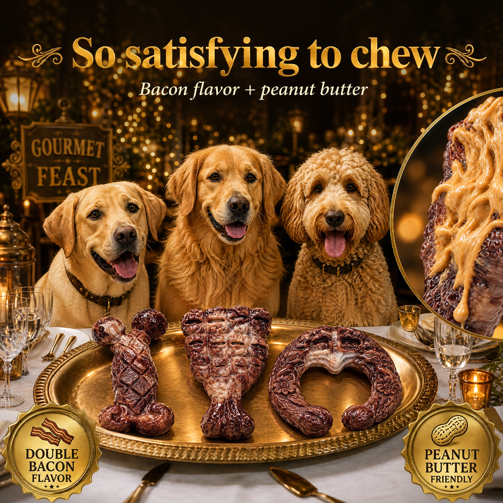 3 Pack Tough Dog Chew Toys for Aggressive Chewers 25-85 lbs, Brown Bacon Flavored, Durable Dog Toys for Medium Large Breeds, Hard Nylon Dog Toy, Reduce Boredom, Teeth Cleaning, Long-Lasting