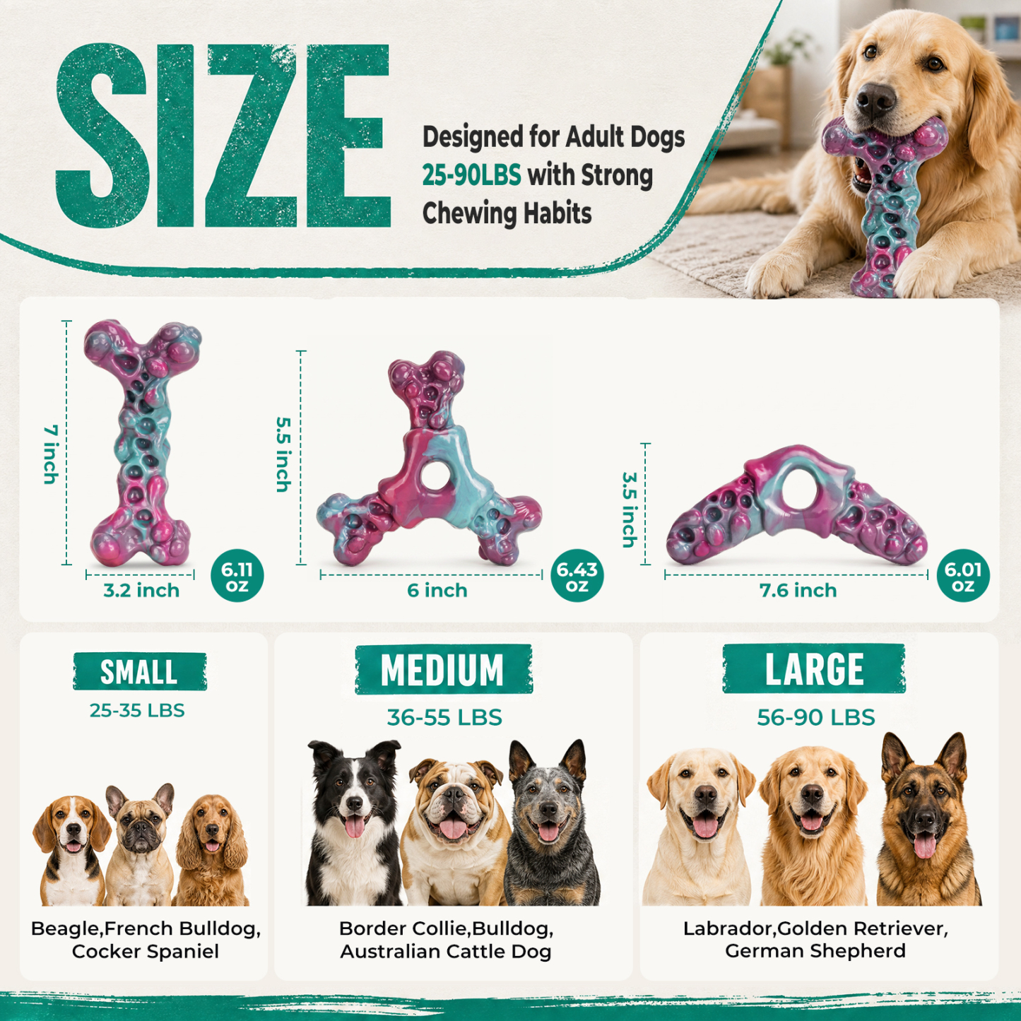 Tough Dog Chew Toys 3-Pack Dog Toys for Aggressive Chewers 25–90lbs Heavy-Duty Chew Toys for Medium & Large Dogs, Solid Nylon, Textured Surfaces, Bacon Flavor & Fillable Grooves for Wet Food