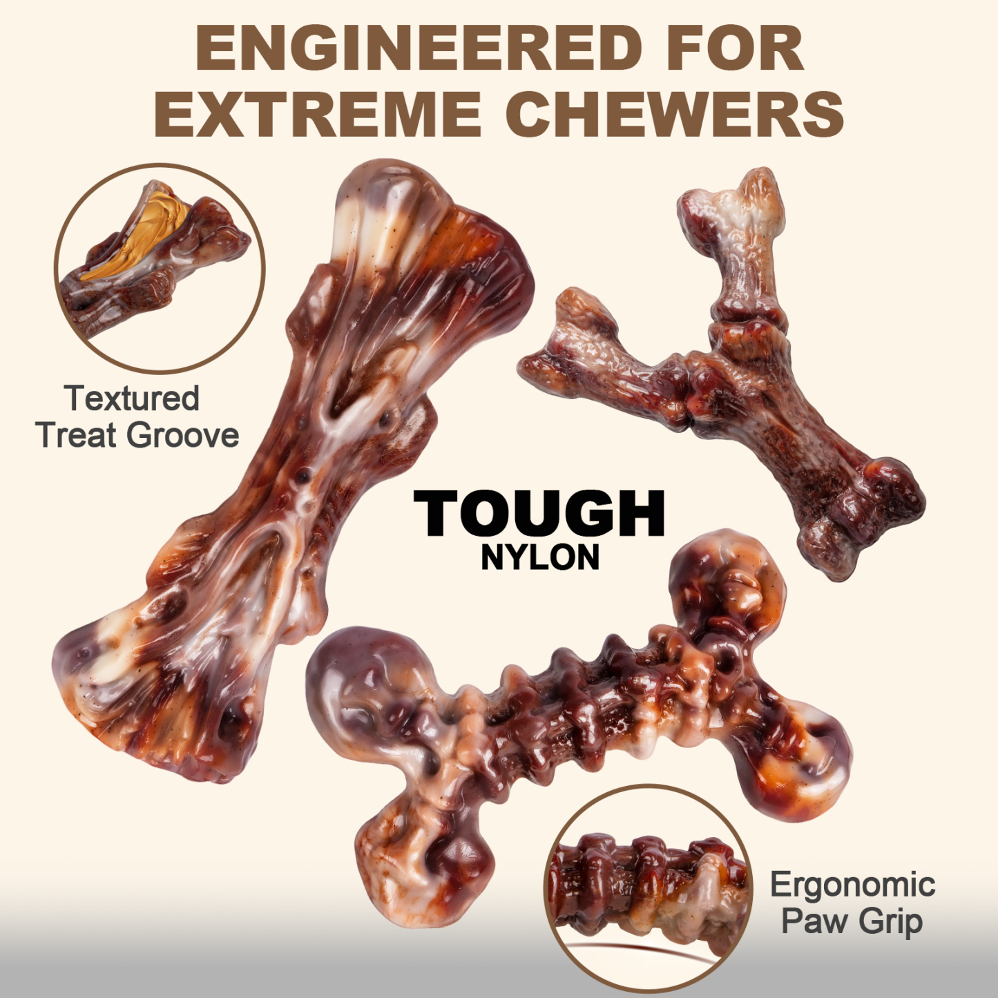 3 Pack Indestructible Dog Chew Toys for Aggressive Chewers, Tough Hard Nylon Dog Toys for Medium Large Breeds, Bacon Flavored Durable Dog Toys to Keep Dogs Busy & Relieve Boredom