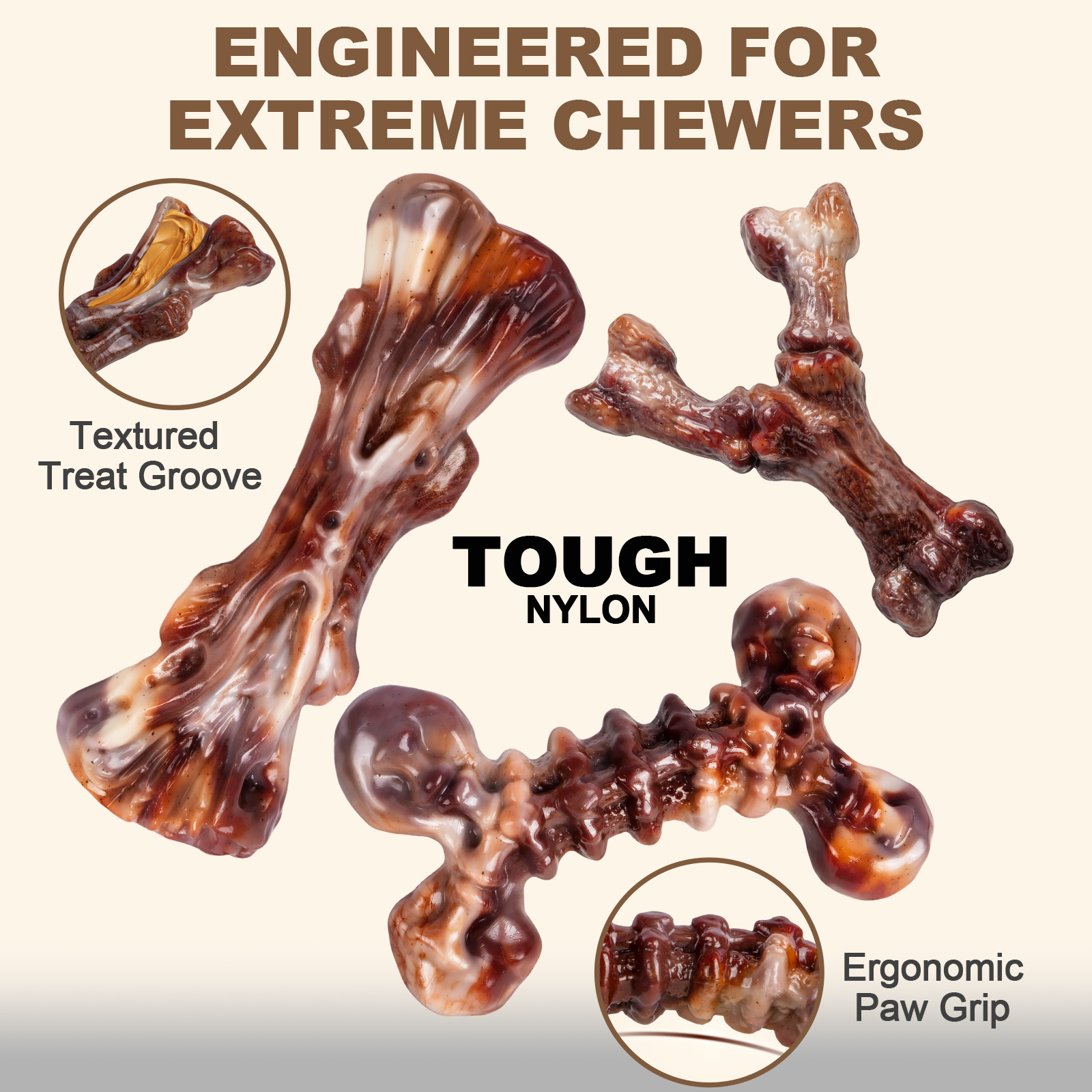 3 Pack Indestructible Dog Chew Toys for Aggressive Chewers, Tough Hard Nylon Dog Toys for Medium Large Breeds, Bacon Flavored Durable Dog Toys to Keep Dogs Busy & Relieve Boredom