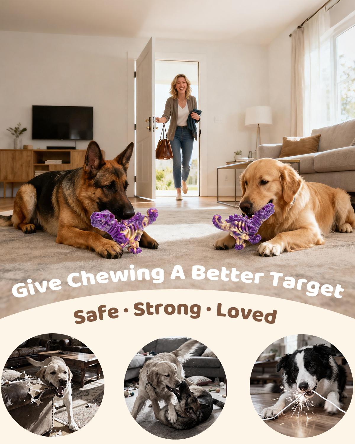 DinoBone 2-Pack Tough Dog Chew Toys for Aggressive Chewers, Bacon, Dusk | Rock-Hard Nylon Dinosaur Bones for Large Dogs 20–90 lbs, Almost Indestructible Dog Toys, Helps Redirect Destructive Chewing