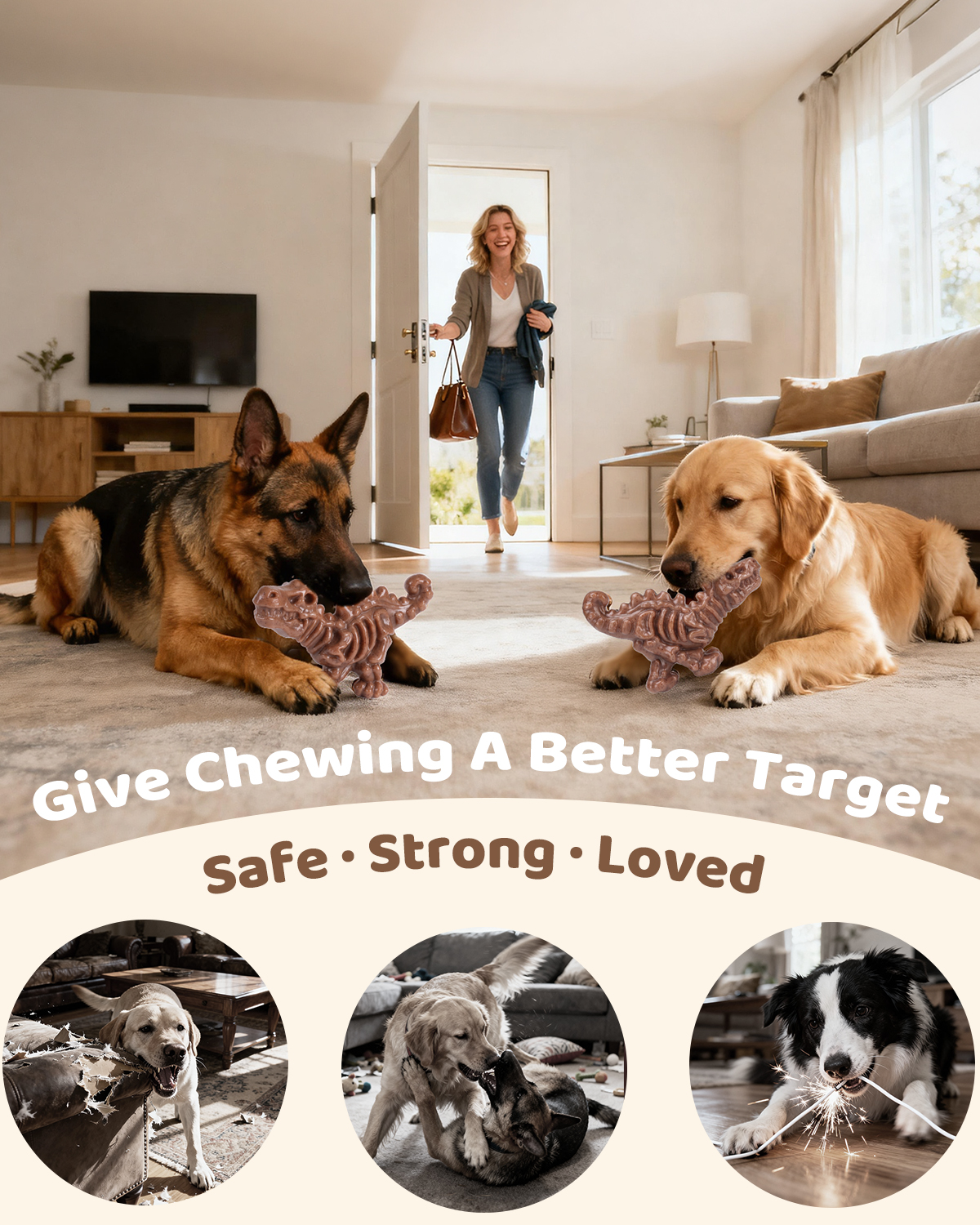DinoBone 2-Pack Tough Dog Chew Toys for Aggressive Chewers, Bacon, Terra | Rock-Hard Nylon Dinosaur Bones for Large Dogs 20–90 lbs, Almost Indestructible Dog Toys, Helps Redirect Destructive Chewing