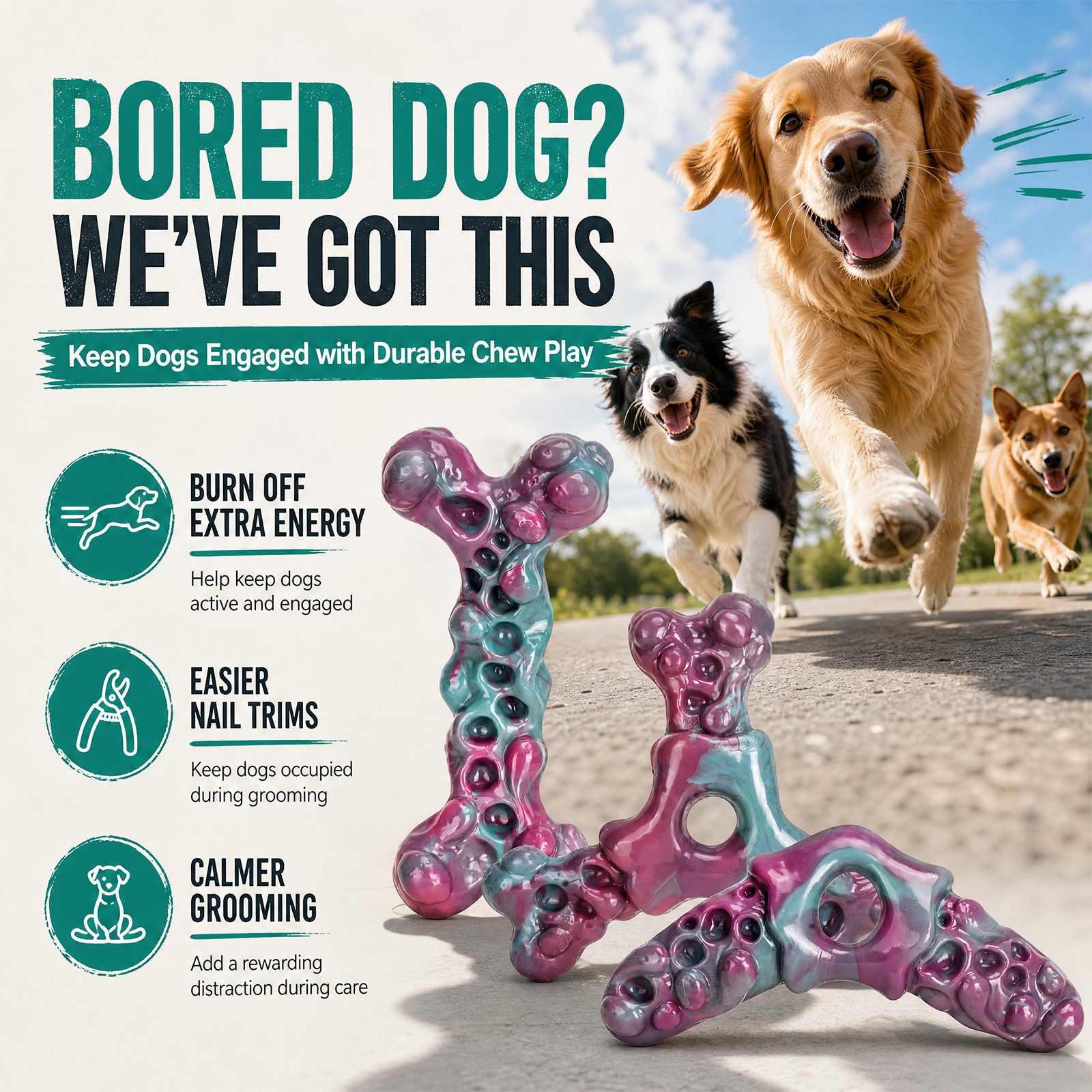 Tough Dog Chew Toys 3-Pack Dog Toys for Aggressive Chewers 25–90lbs Heavy-Duty Chew Toys for Medium & Large Dogs, Solid Nylon, Textured Surfaces, Bacon Flavor & Fillable Grooves for Wet Food