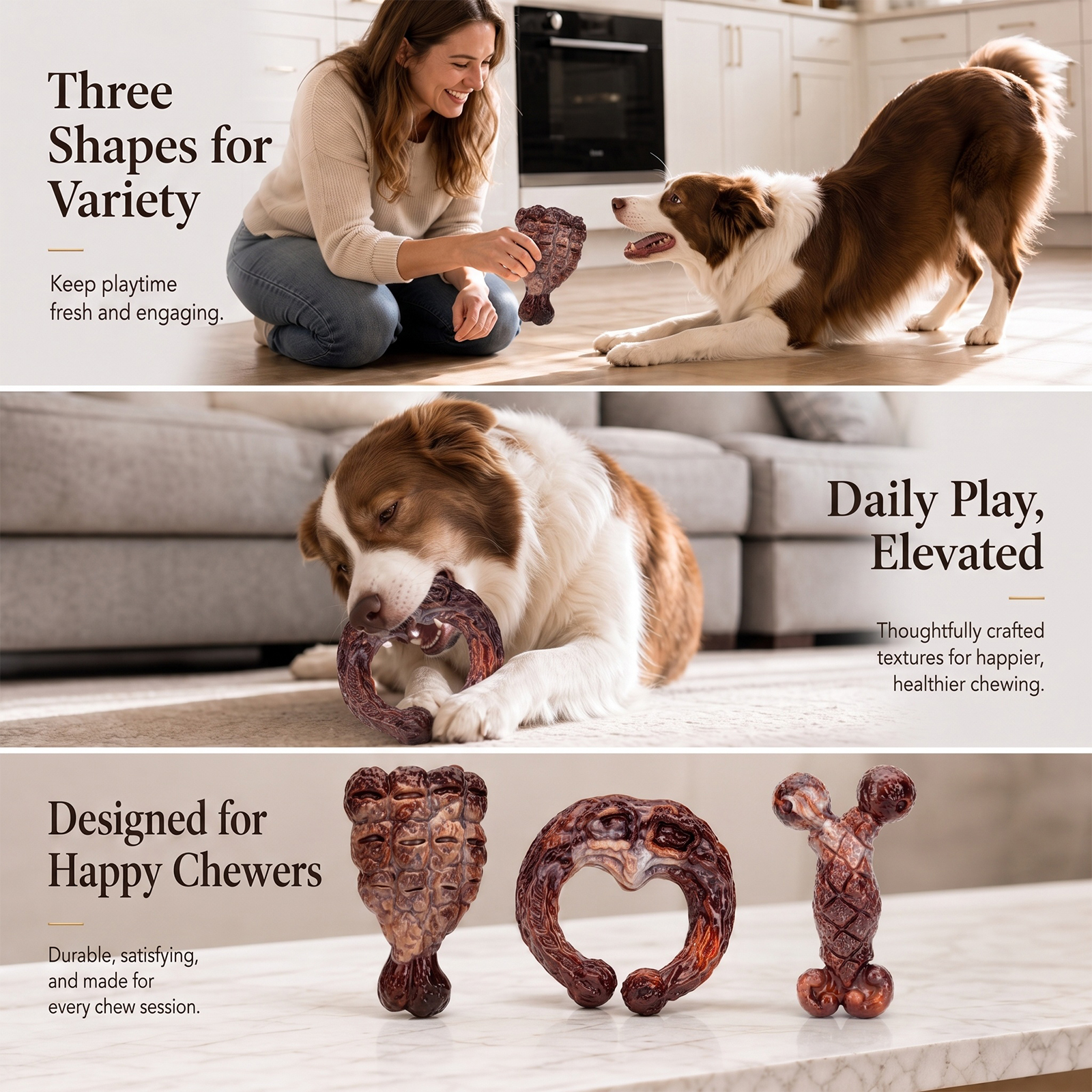 3 Pack Tough Dog Chew Toys for Aggressive Chewers 25-85 lbs, Brown Bacon Flavored, Durable Dog Toys for Medium Large Breeds, Hard Nylon Dog Toy, Reduce Boredom, Teeth Cleaning, Long-Lasting