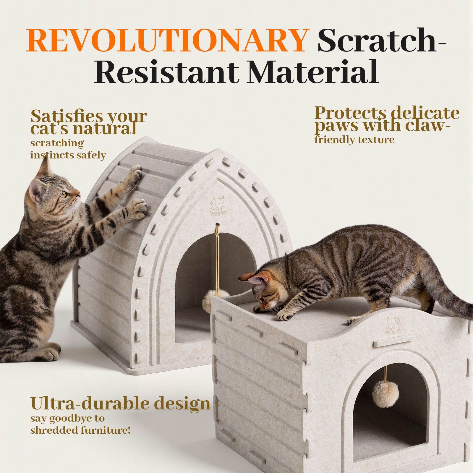 Apasiri Double-Deck Cat House ACH02+ACH04: 2-in-1 Innovative Polyester Fiber Double-Deck Cat House, Sturdy and Scratch-Resistant, Original Castle Design, A Perfect Cat Bed Cave for Multiple Small Pets and Kittens