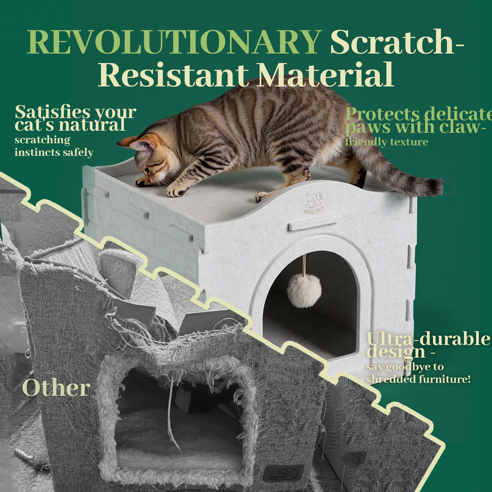 Apasiri Cat Beds for Indoor Cats ACH02 : Innovative Polyester Fiber Cat House, Cat Bed Cave for Indoor Cats, Ultra-Strong Load-Bearing Capacity, Sturdy and Scratch-Resistant, Compatible with Heating Pads