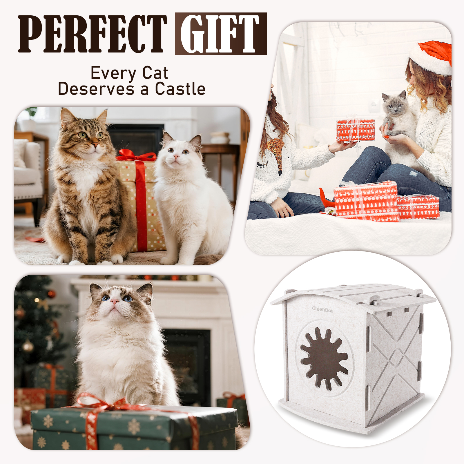 ChienBox：Felt Cat House Indoor: Removable Cat house with Soothing Scratch Arch