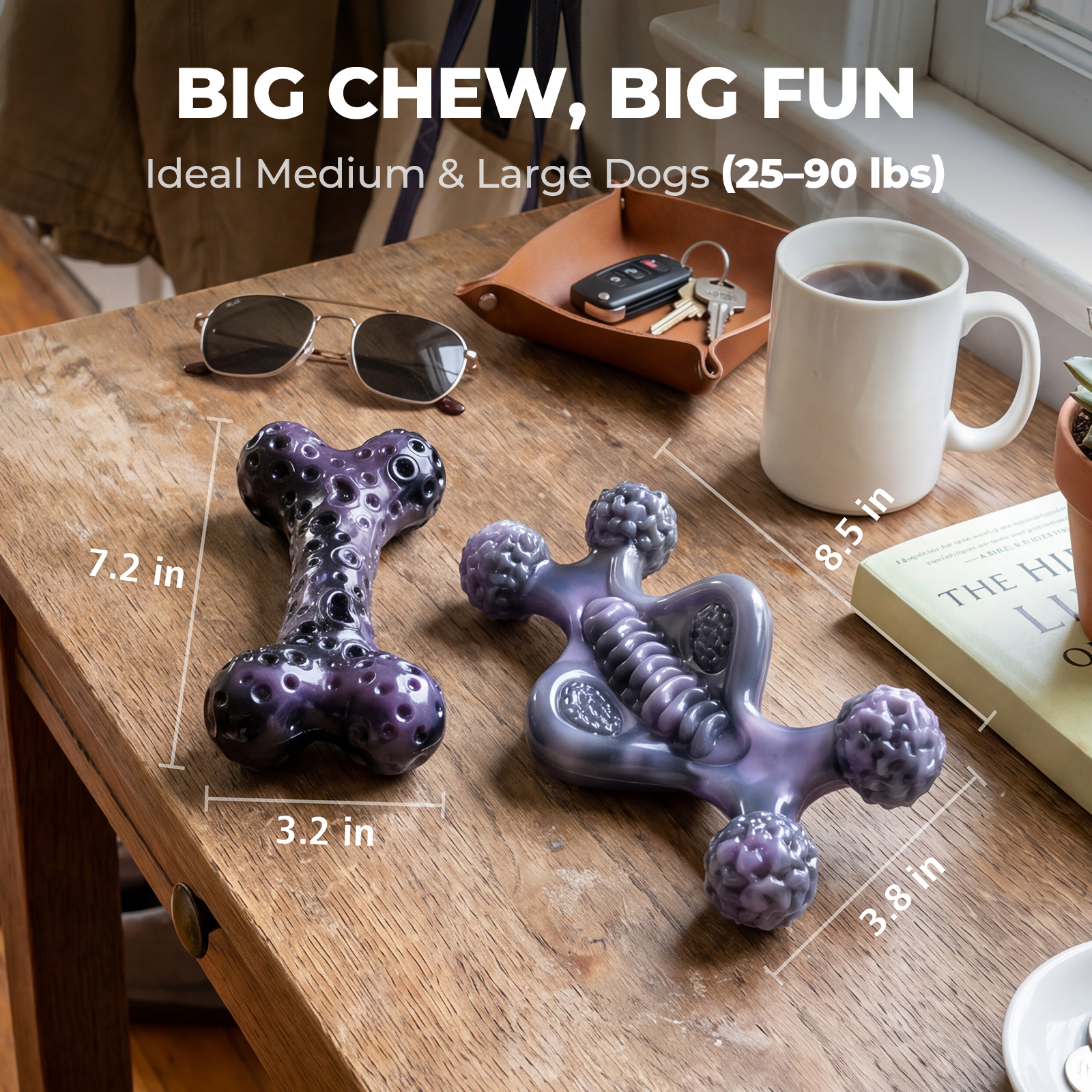 Tough Dog Chew Toys for Aggressive Chewers 25-90 lbs, 2 Pack | Bacon-flavored, rock-hard, solid nylon bone set, redirect destructive chewing, for medium & large breeds