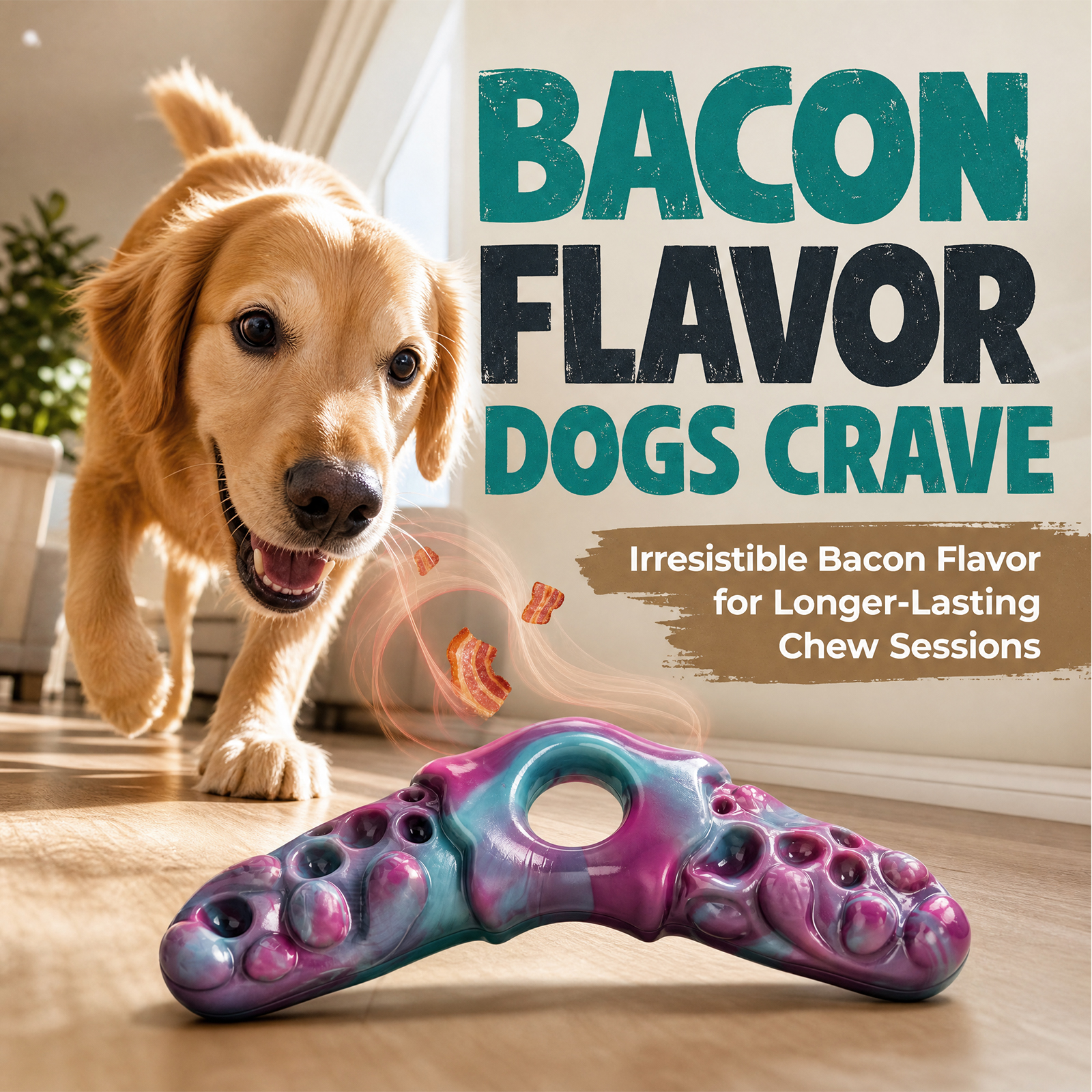Tough Dog Chew Toys 3-Pack Dog Toys for Aggressive Chewers 25–90lbs Heavy-Duty Chew Toys for Medium & Large Dogs, Solid Nylon, Textured Surfaces, Bacon Flavor & Fillable Grooves for Wet Food