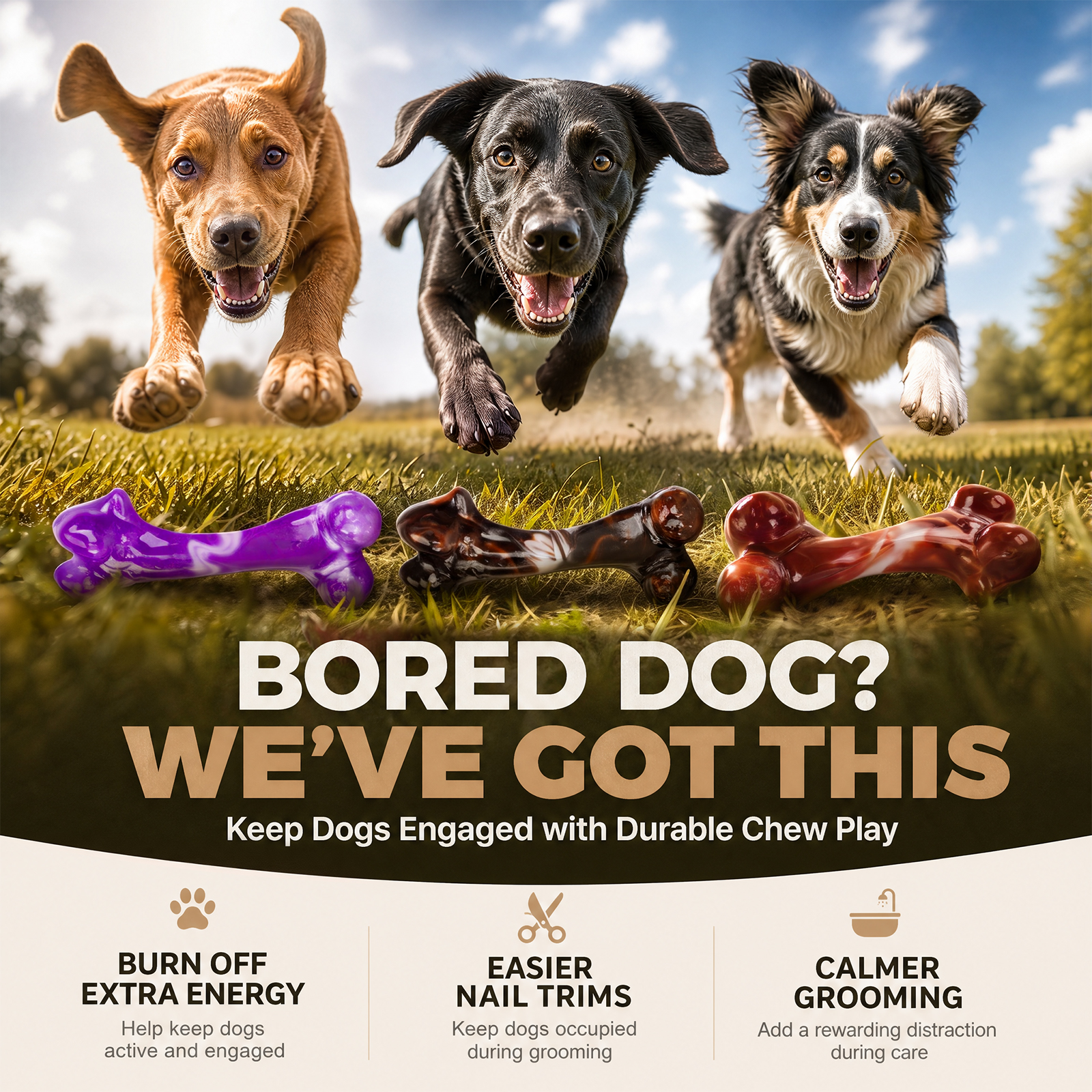 3-Pack Tough Dog Bone Chew Toys for Aggressive Chewers, 25–90 lbs Heavy-Duty Dog Bones for Medium & Large Dogs, Solid Nylon, Textured Surfaces, Bacon Flavor & Fillable Grooves for Wet Food