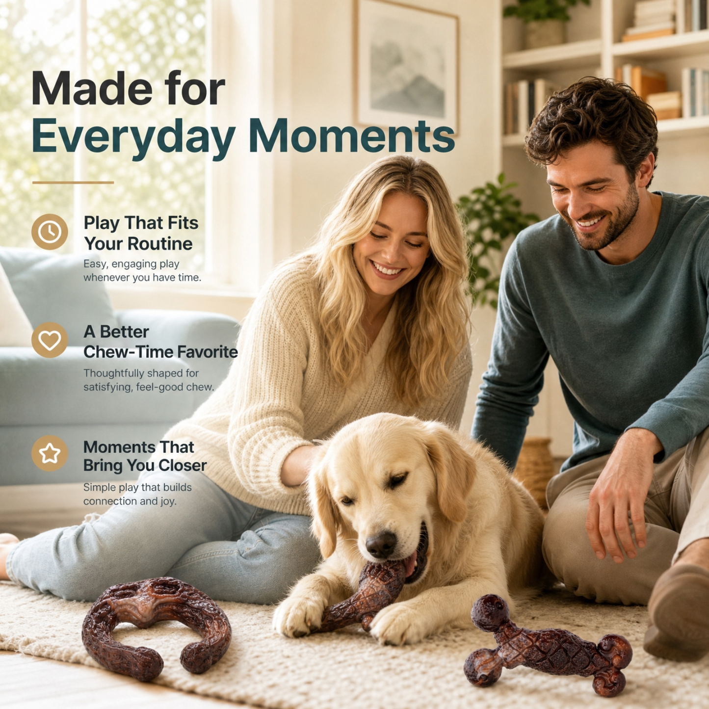 3 Pack Tough Dog Chew Toys for Aggressive Chewers 25-85 lbs, Brown Bacon Flavored, Durable Dog Toys for Medium Large Breeds, Hard Nylon Dog Toy, Reduce Boredom, Teeth Cleaning, Long-Lasting