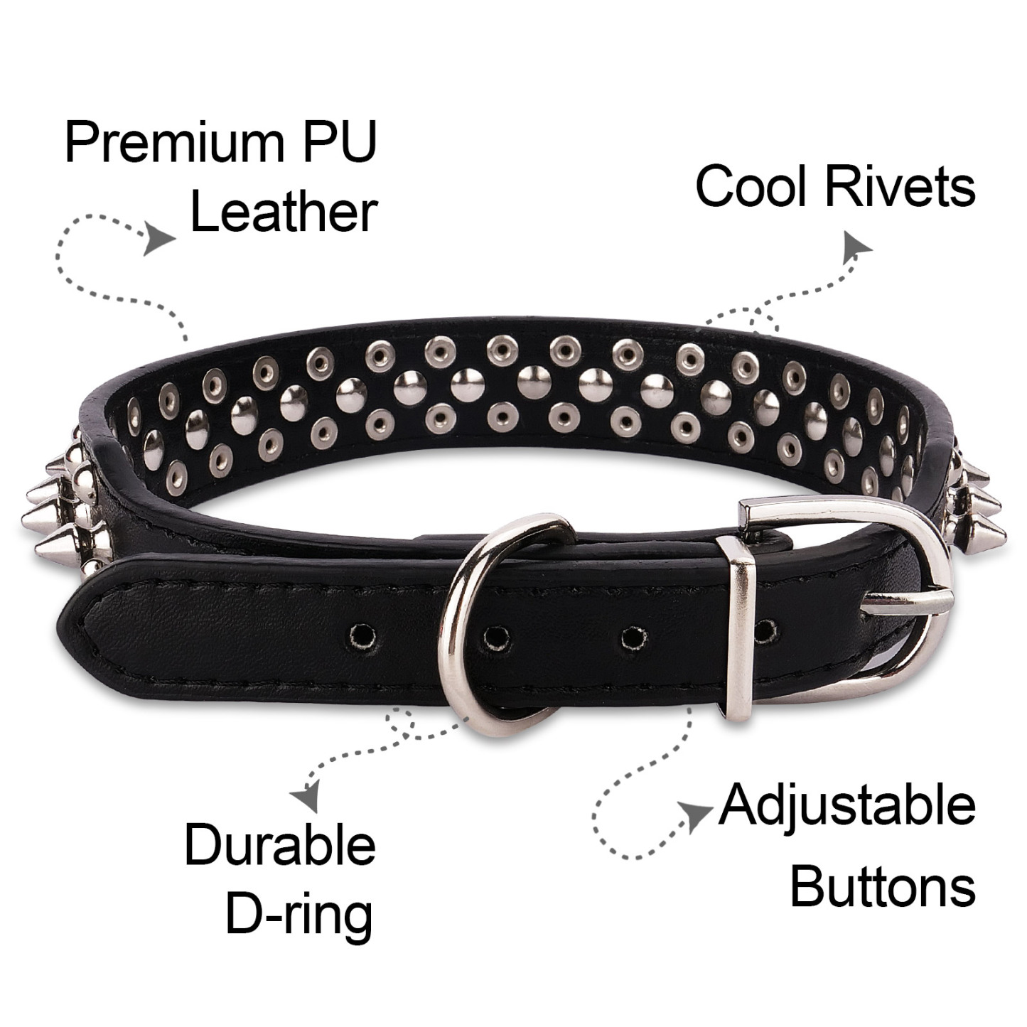 Frienhund Adjustable Spiked Dog Collar, PU Leather Protective Dog Collar with Leash Set, Durable Spiked Collar for Medium Large Breed Dogs, Black, XL Size 17.7"-20.5"