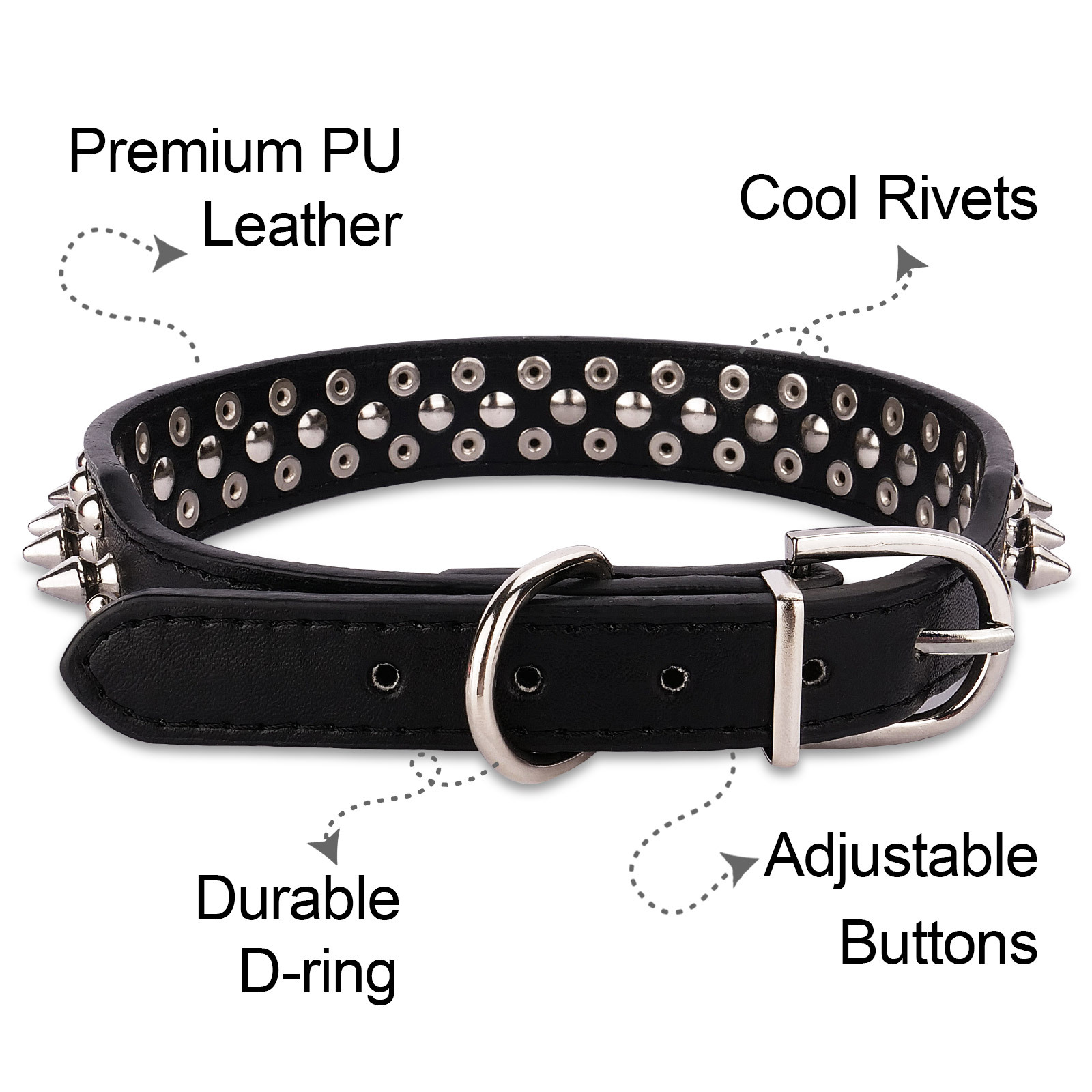 Frienhund Adjustable Spiked Dog Collar, PU Leather Protective Dog Collar with Leash Set, Durable Spiked Collar for Medium Large Breed Dogs, Black, XL Size 17.7"-20.5"