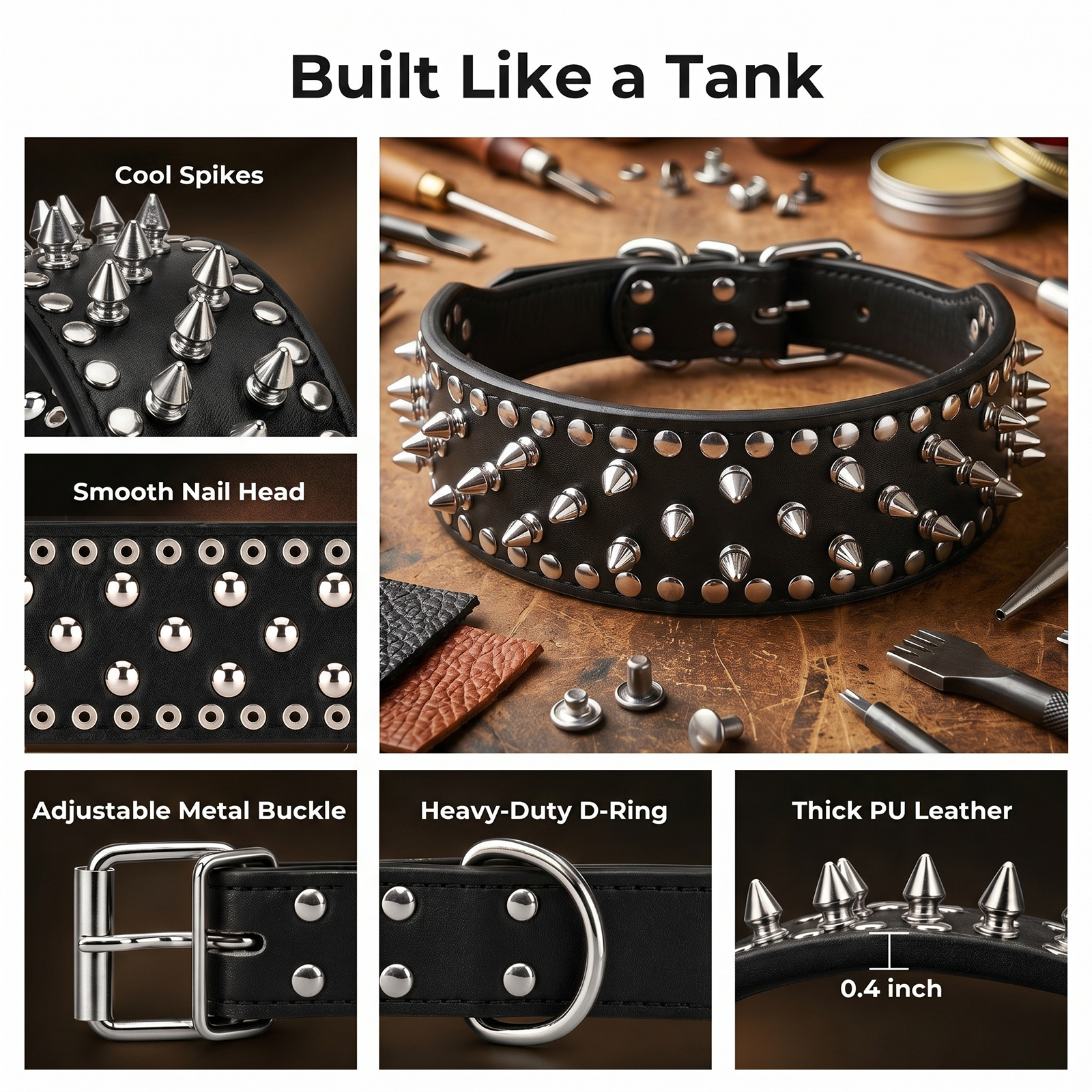 Frienhund Anti-Bite Wide Spiked Studded Dog Collar: Adjustable PU Leather Dog Collars for Medium & Large Dogs, Heavy Duty, Metal D-Ring, Neck Protection, Punk Style, Black
