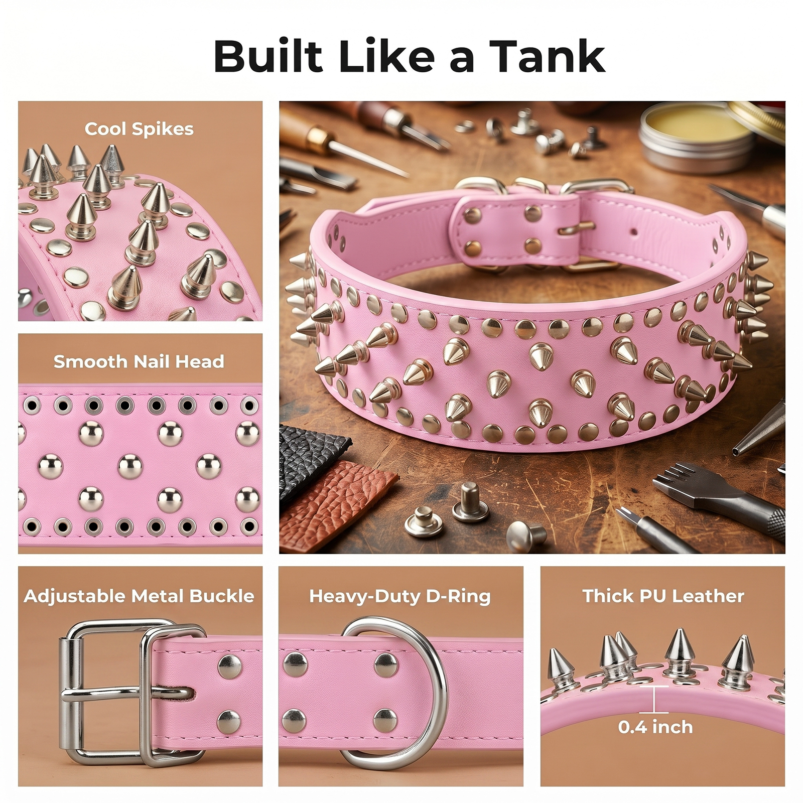Frienhund Anti-Bite Wide Spiked Studded Dog Collar: Adjustable PU Leather Dog Collars for Medium & Large Dogs, Heavy Duty, Metal D-Ring, Neck Protection, Punk Style, Pink