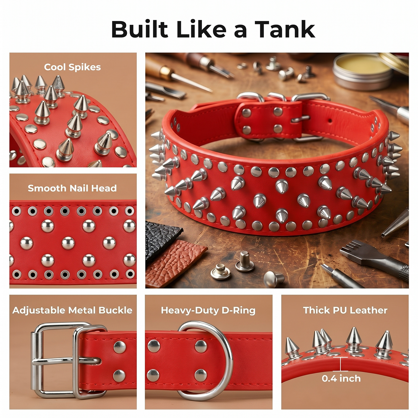 Frienhund Anti-Bite Wide Spiked Studded Dog Collar: Adjustable PU Leather Dog Collars for Medium & Large Dogs, Heavy Duty, Metal D-Ring, Neck Protection, Punk Style, Red