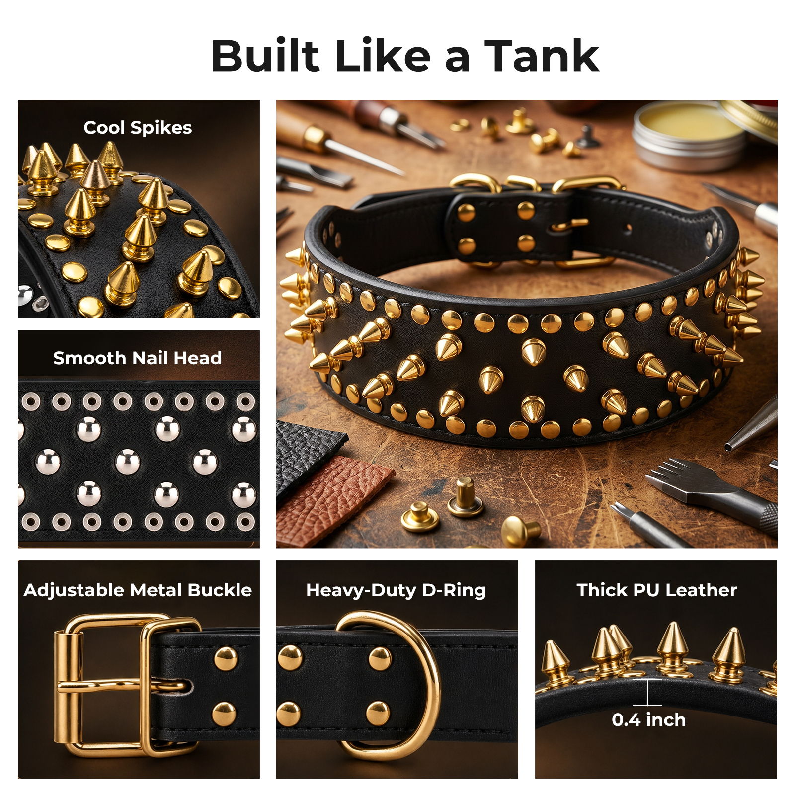 Frienhund Anti-Bite Wide Spiked Studded Dog Collar: Adjustable PU Leather Dog Collars for Medium & Large Dogs, Heavy Duty, Metal D-Ring, Neck Protection, Punk Style, Black-Gold