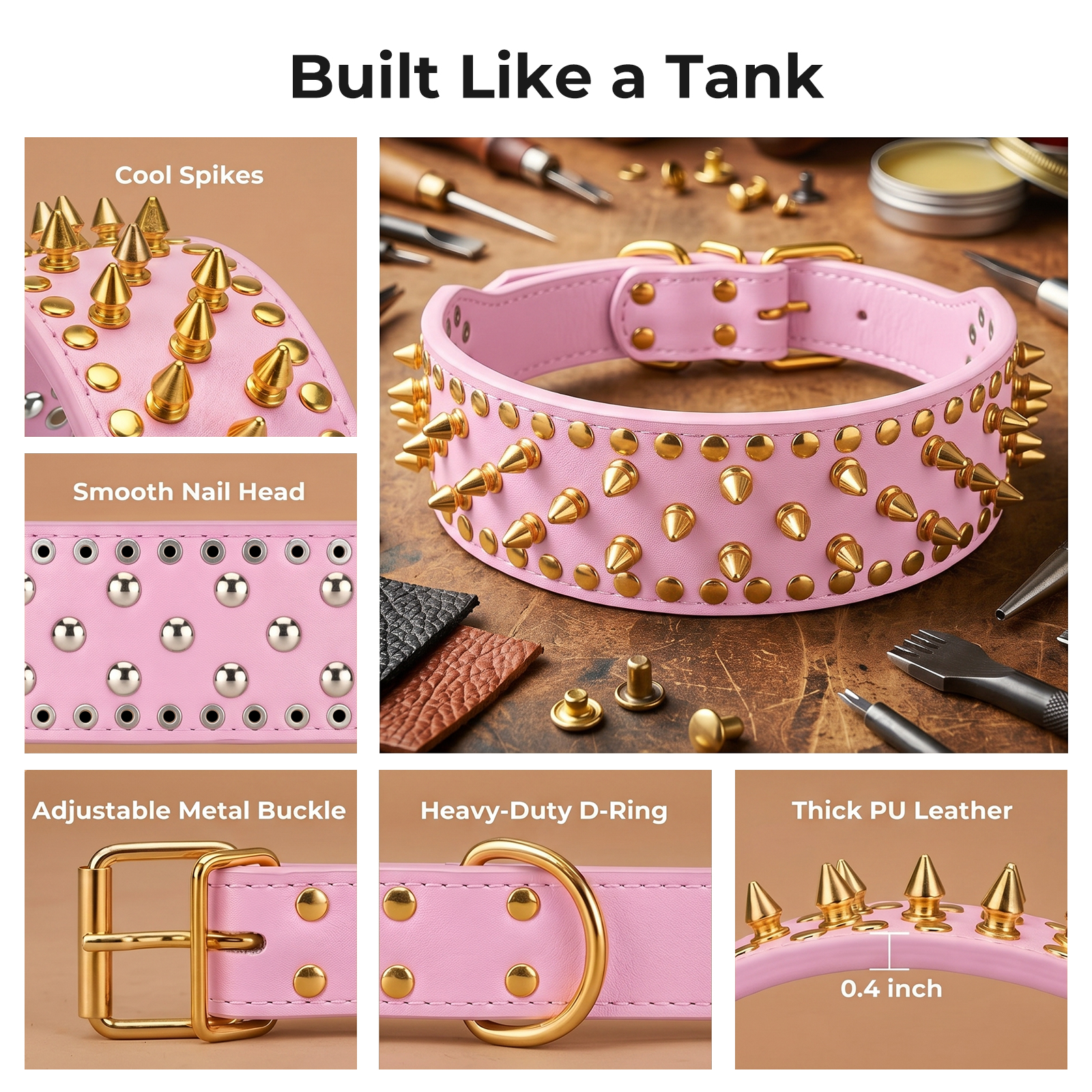 Frienhund Anti-Bite Wide Spiked Studded Dog Collar: Adjustable PU Leather Dog Collars for Medium & Large Dogs, Heavy Duty, Metal D-Ring, Neck Protection, Punk Style, Pink-Gold
