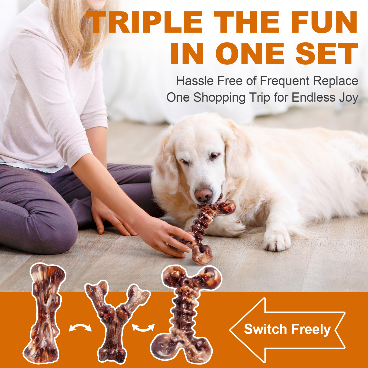 3 Pack Indestructible Dog Chew Toys for Aggressive Chewers, Tough Hard Nylon Dog Toys for Medium Large Breeds, Bacon Flavored Durable Dog Toys to Keep Dogs Busy & Relieve Boredom