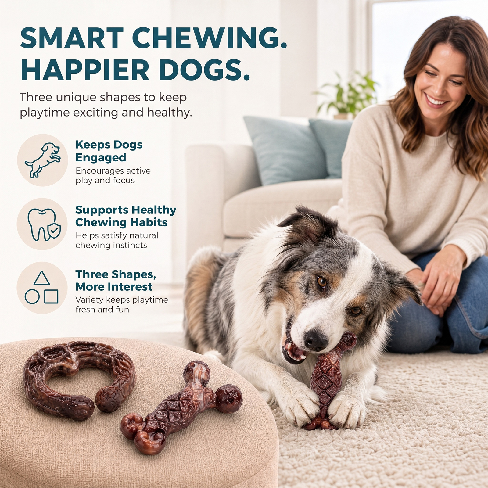 3 Pack Tough Dog Chew Toys for Aggressive Chewers 25-85 lbs, Brown Bacon Flavored, Durable Dog Toys for Medium Large Breeds, Hard Nylon Dog Toy, Reduce Boredom, Teeth Cleaning, Long-Lasting