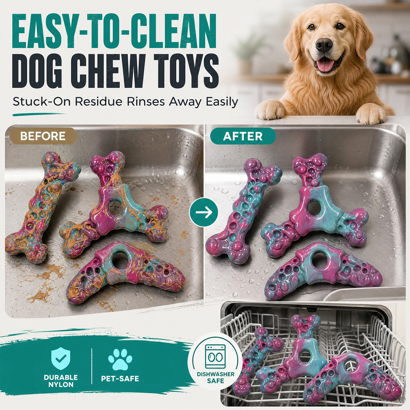 Tough Dog Chew Toys 3-Pack Dog Toys for Aggressive Chewers 25–90lbs Heavy-Duty Chew Toys for Medium & Large Dogs, Solid Nylon, Textured Surfaces, Bacon Flavor & Fillable Grooves for Wet Food