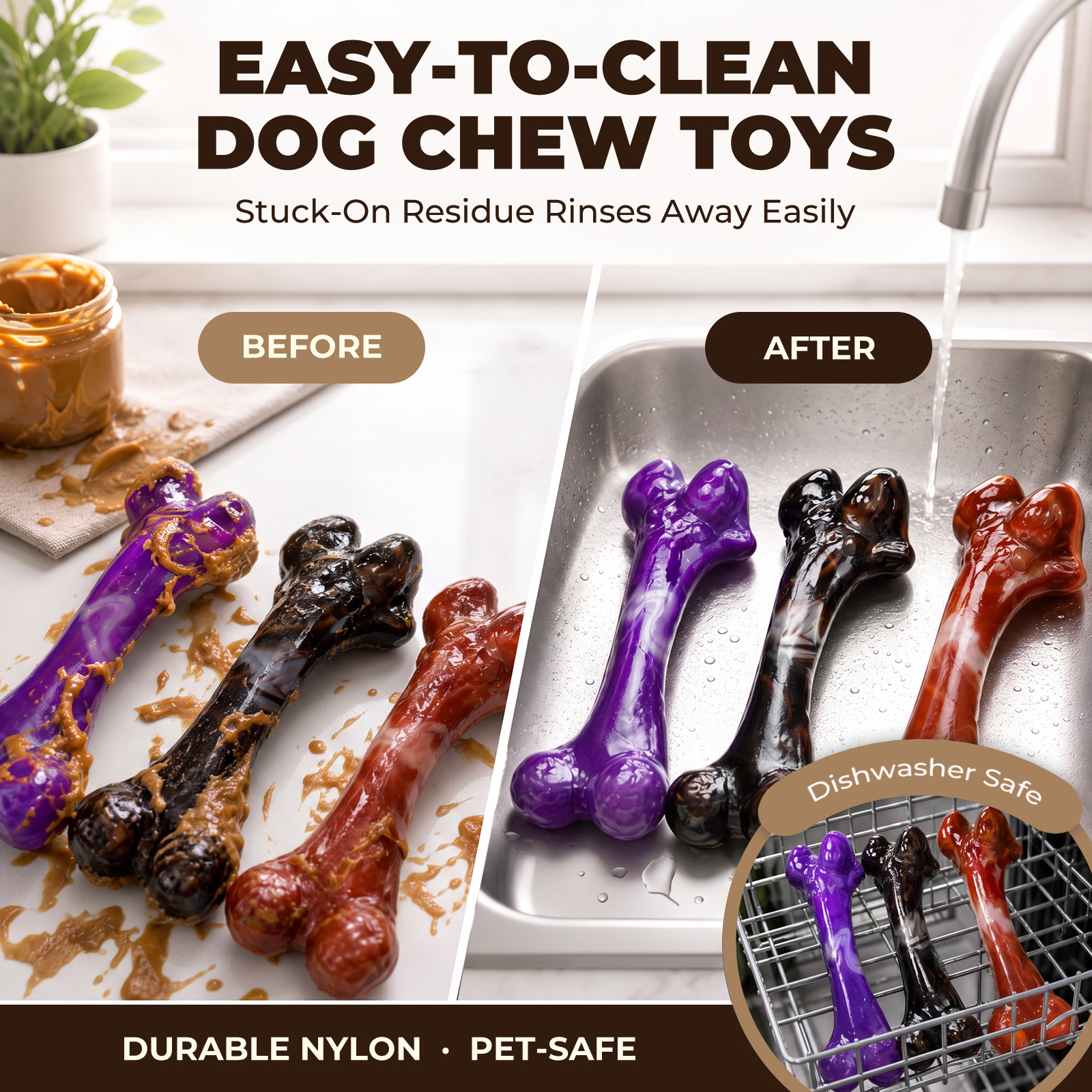 3-Pack Tough Dog Bone Chew Toys for Aggressive Chewers, 25–90 lbs Heavy-Duty Dog Bones for Medium & Large Dogs, Solid Nylon, Textured Surfaces, Bacon Flavor & Fillable Grooves for Wet Food