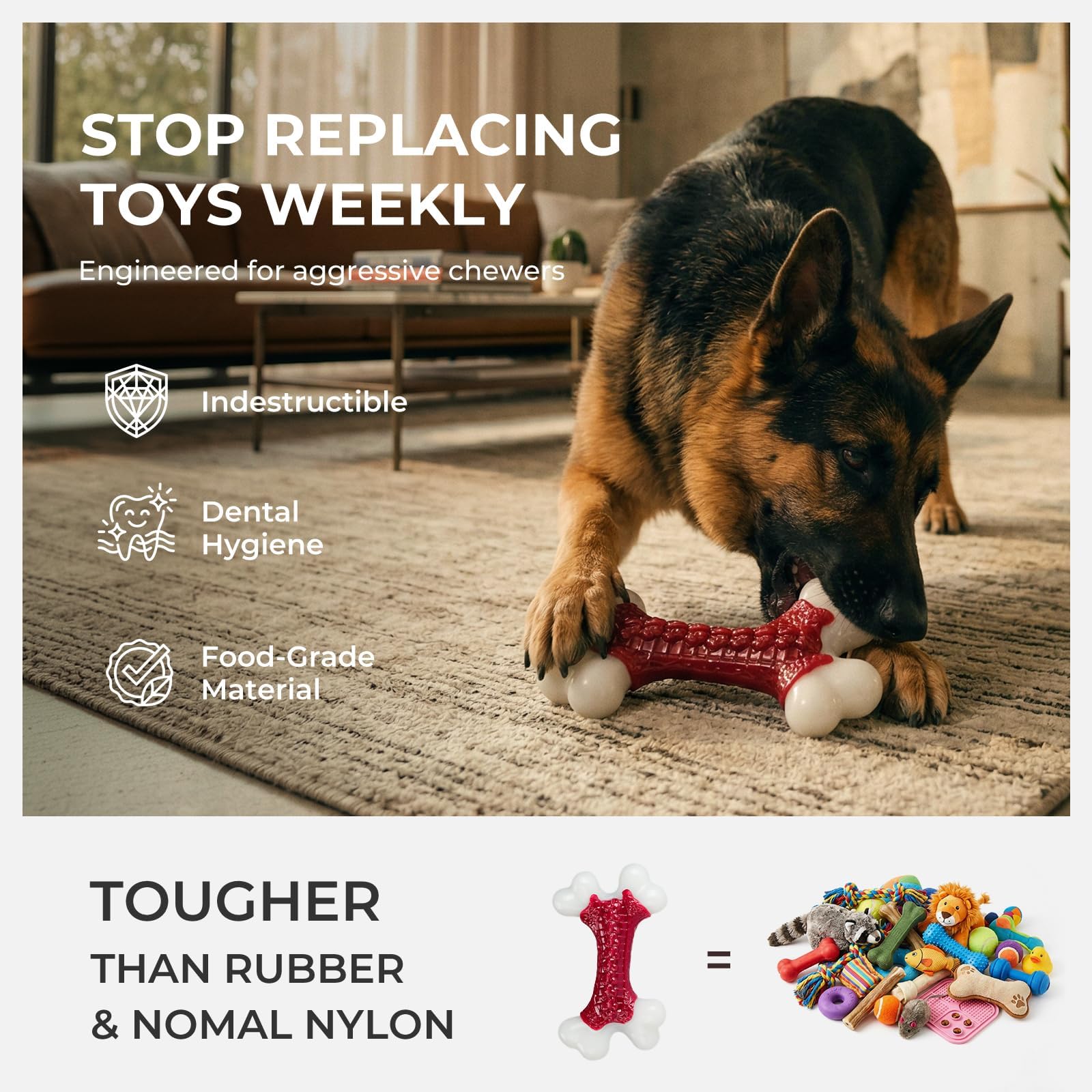 Kseroo 2-Pack Indestructible Dog Chew Toys, Beef Flavored Hard Nylon Bone, Tough Chew Toys for Aggressive Chewers, Suitable for Medium & Large Breed Dogs, Red, Keep Dogs Busy & Promote Dental Health
