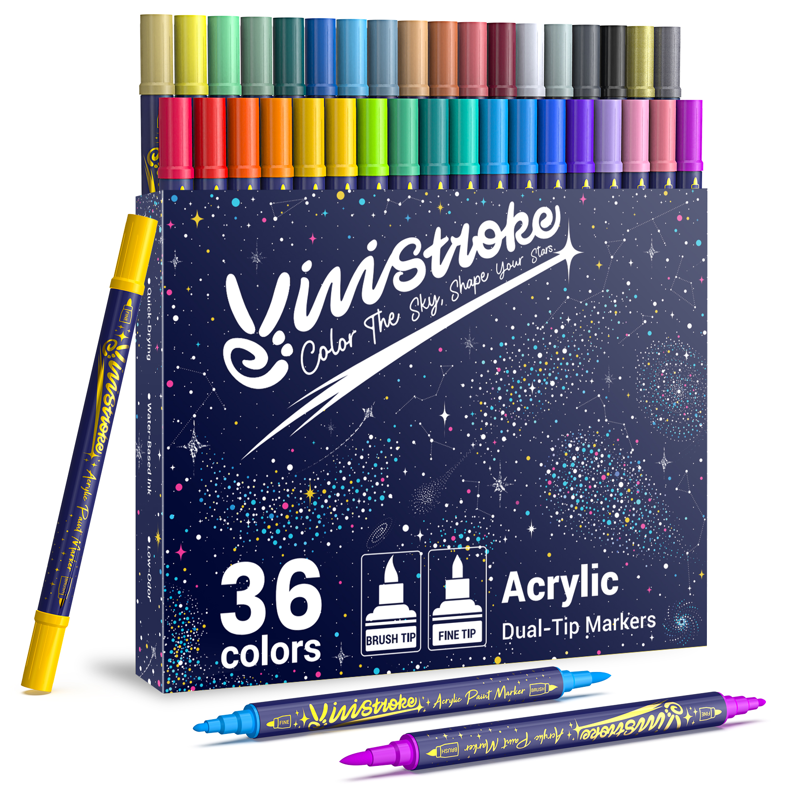 Dual Tip Acrylic Paint Markers, Fine & Brush Tips, 36 Vibrant Colors