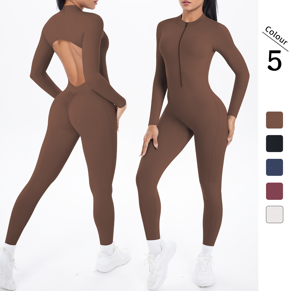 NUCBN®Backless Long Sleeve One-Piece Yoga Jumpsuit – Seamless, Solid Color, Dual-Sided Nylon Fabric