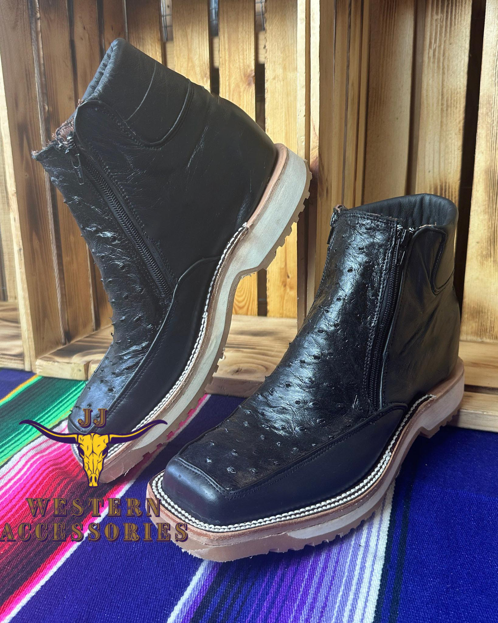 Men Ostrich Print Leather Handcrafted Western Wide Square Toe Brown Cowboy Boots