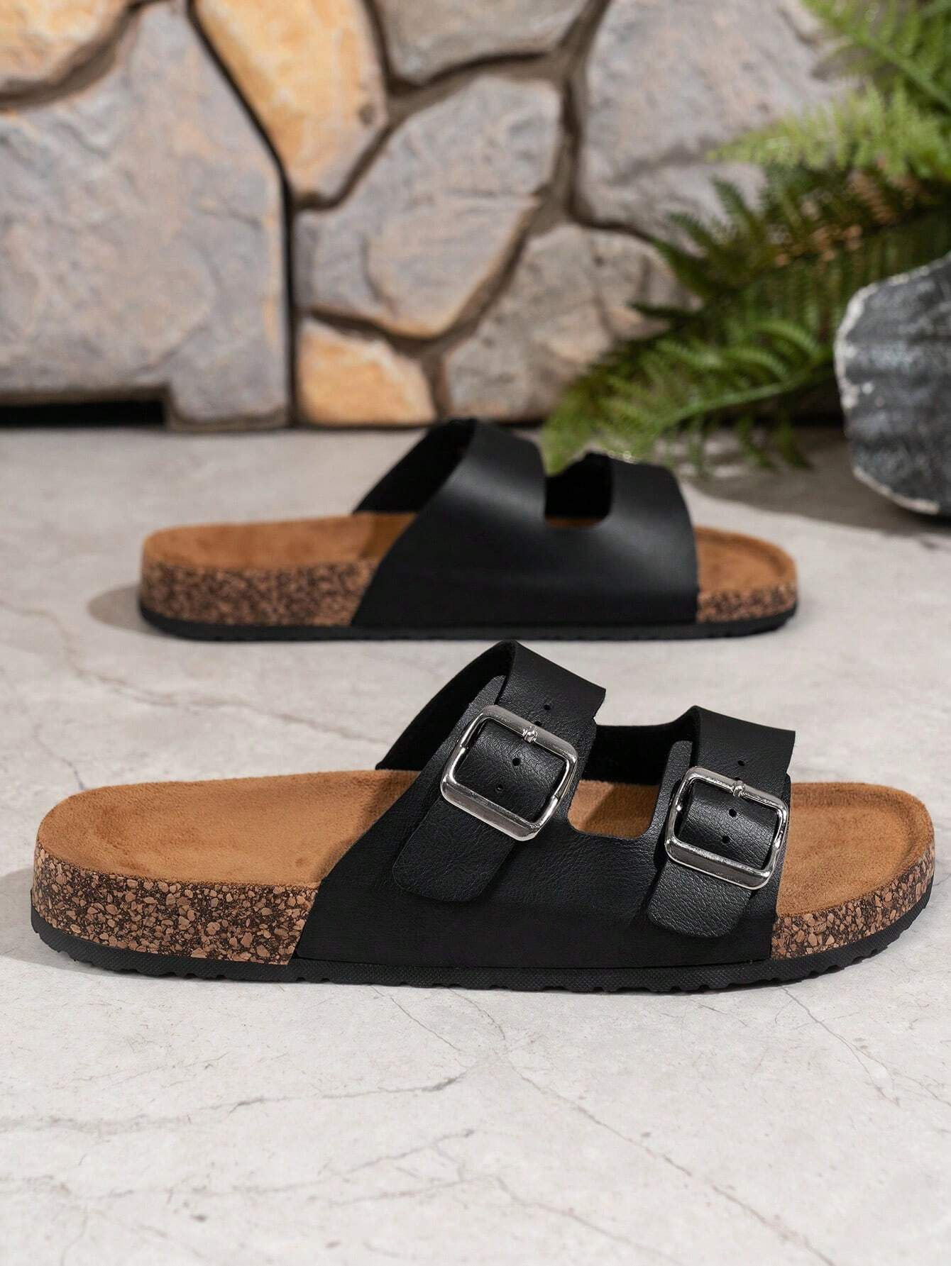 Mens Sandals Cork Footed Flat Mens Slides Sandals Adjustable Buckle Straps Durable Sandals for Men