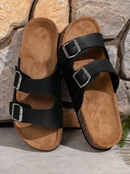 Mens Sandals Cork Footed Flat Mens Slides Sandals Adjustable Buckle Straps Durable Sandals for Men