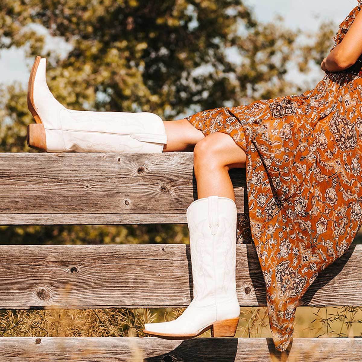 Ivory Pointed Toe Chunky Heel Vintage Knee-High Women's Cowboy Boots