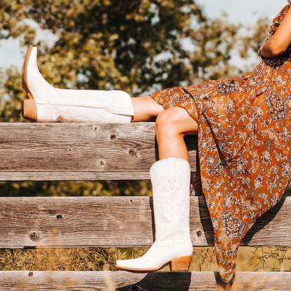 Ivory Pointed Toe Chunky Heel Vintage Knee-High Women's Cowboy Boots