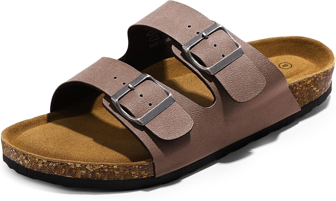 Mens Sandals Cork Footed Flat Mens Slides Sandals Adjustable Buckle Straps Durable Sandals for Men