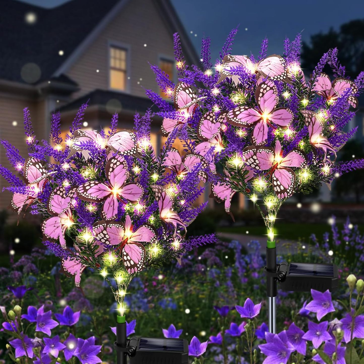 Outdoor Purple Solar Powered Artificial Flowers with Butterfly, Purple Garden Decoration