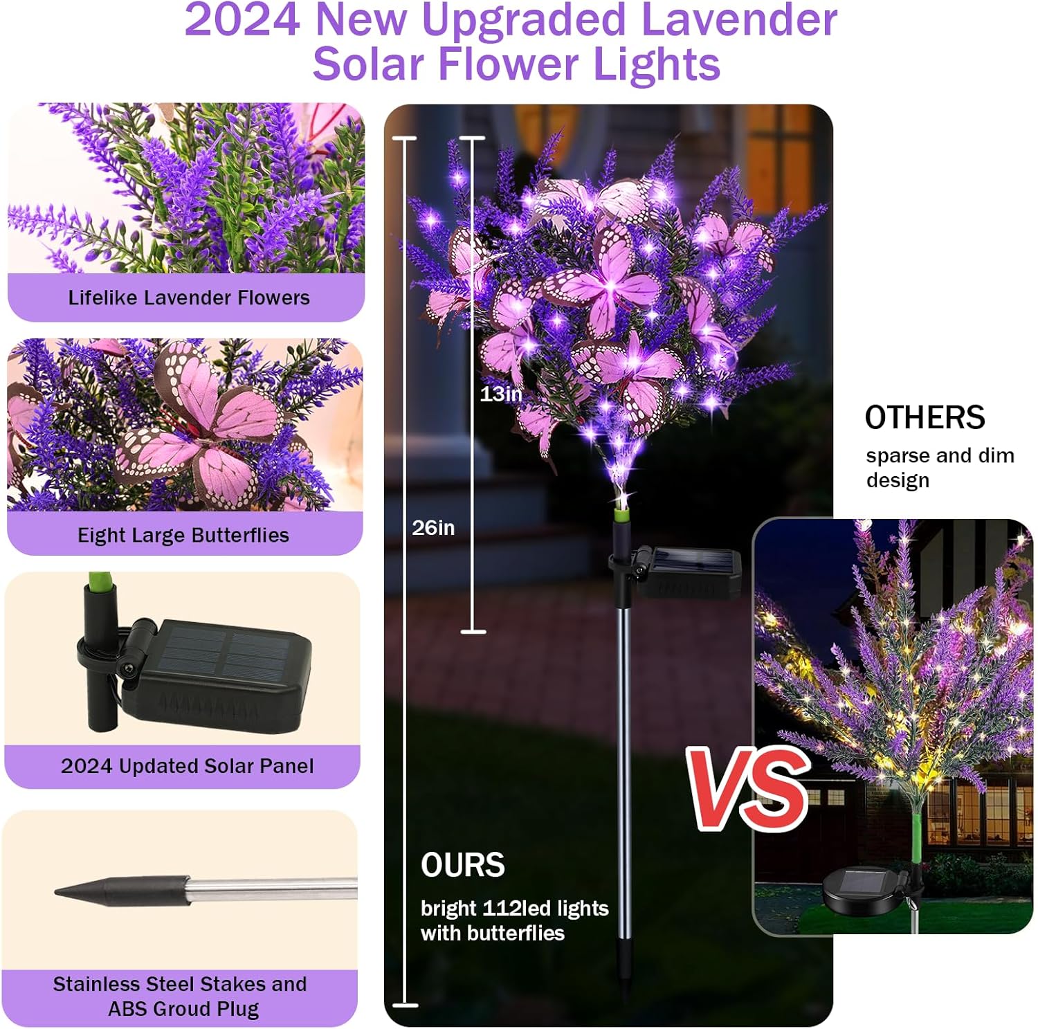 Outdoor Purple Solar Powered Artificial Flowers with Butterfly, Purple Garden Decoration