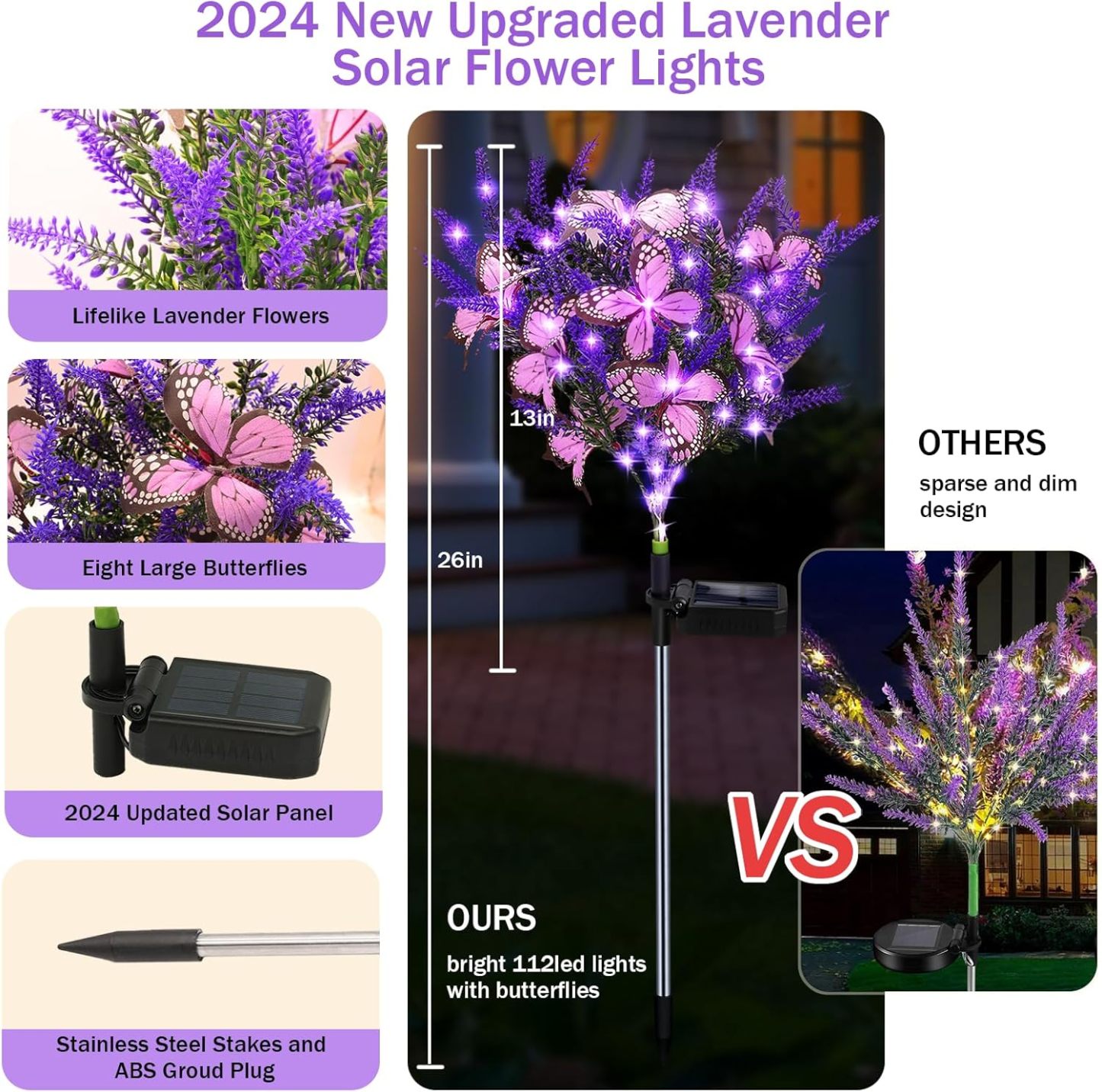 Outdoor Purple Solar Powered Artificial Flowers with Butterfly, Purple Garden Decoration