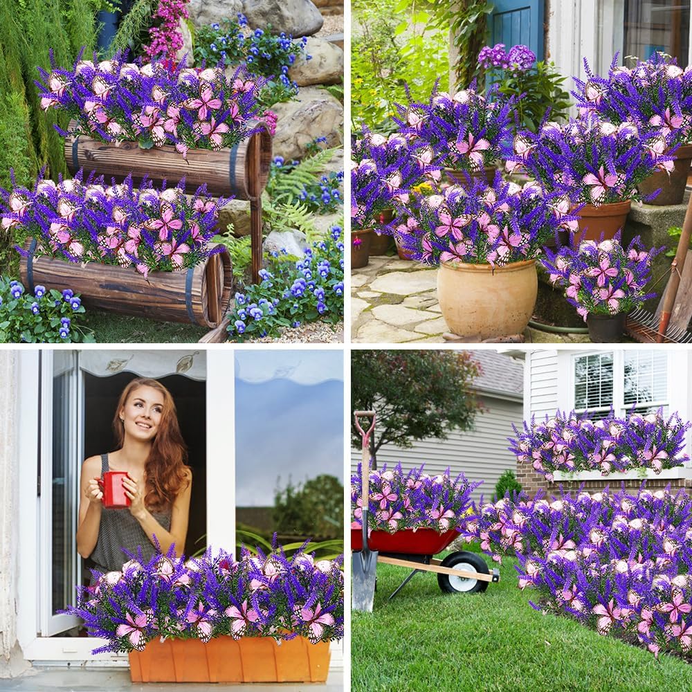 Outdoor Purple Solar Powered Artificial Flowers with Butterfly, Purple Garden Decoration