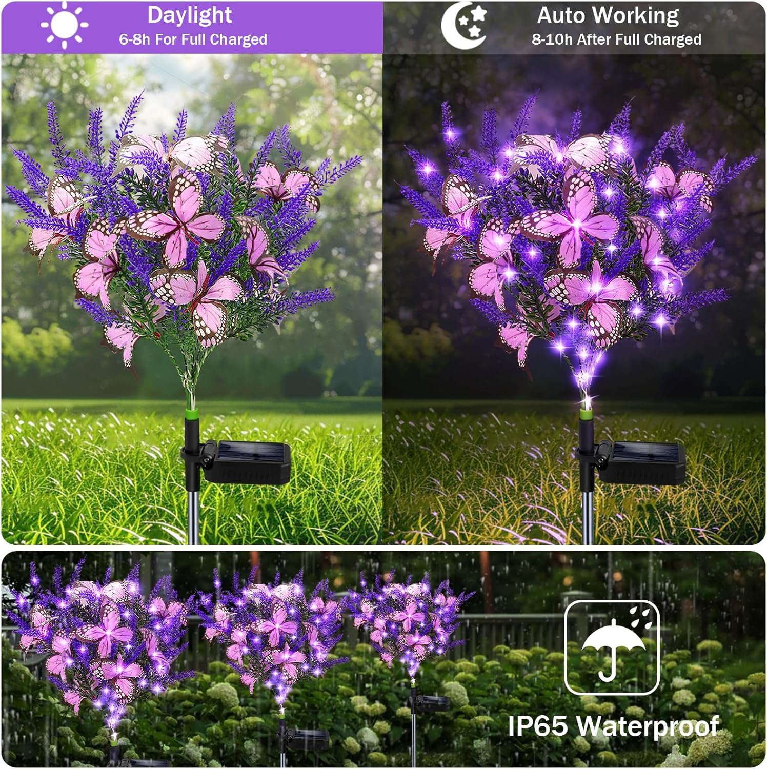 Outdoor Purple Solar Powered Artificial Flowers with Butterfly, Purple Garden Decoration