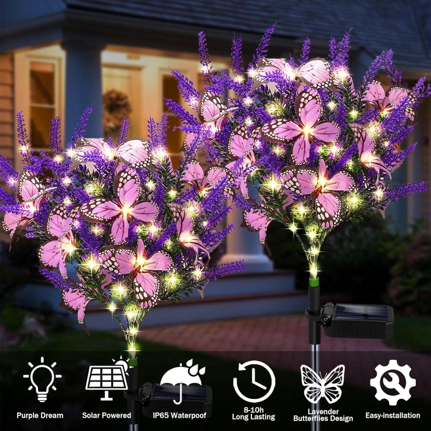 Outdoor Purple Solar Powered Artificial Flowers with Butterfly, Purple Garden Decoration
