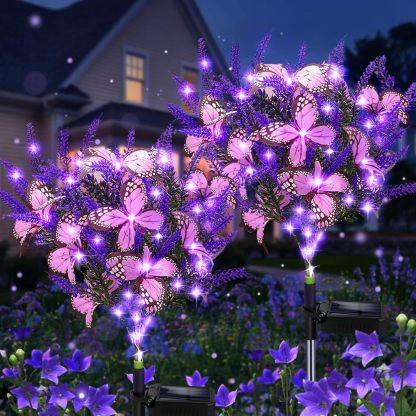 Outdoor Purple Solar Powered Artificial Flowers with Butterfly, Purple Garden Decoration