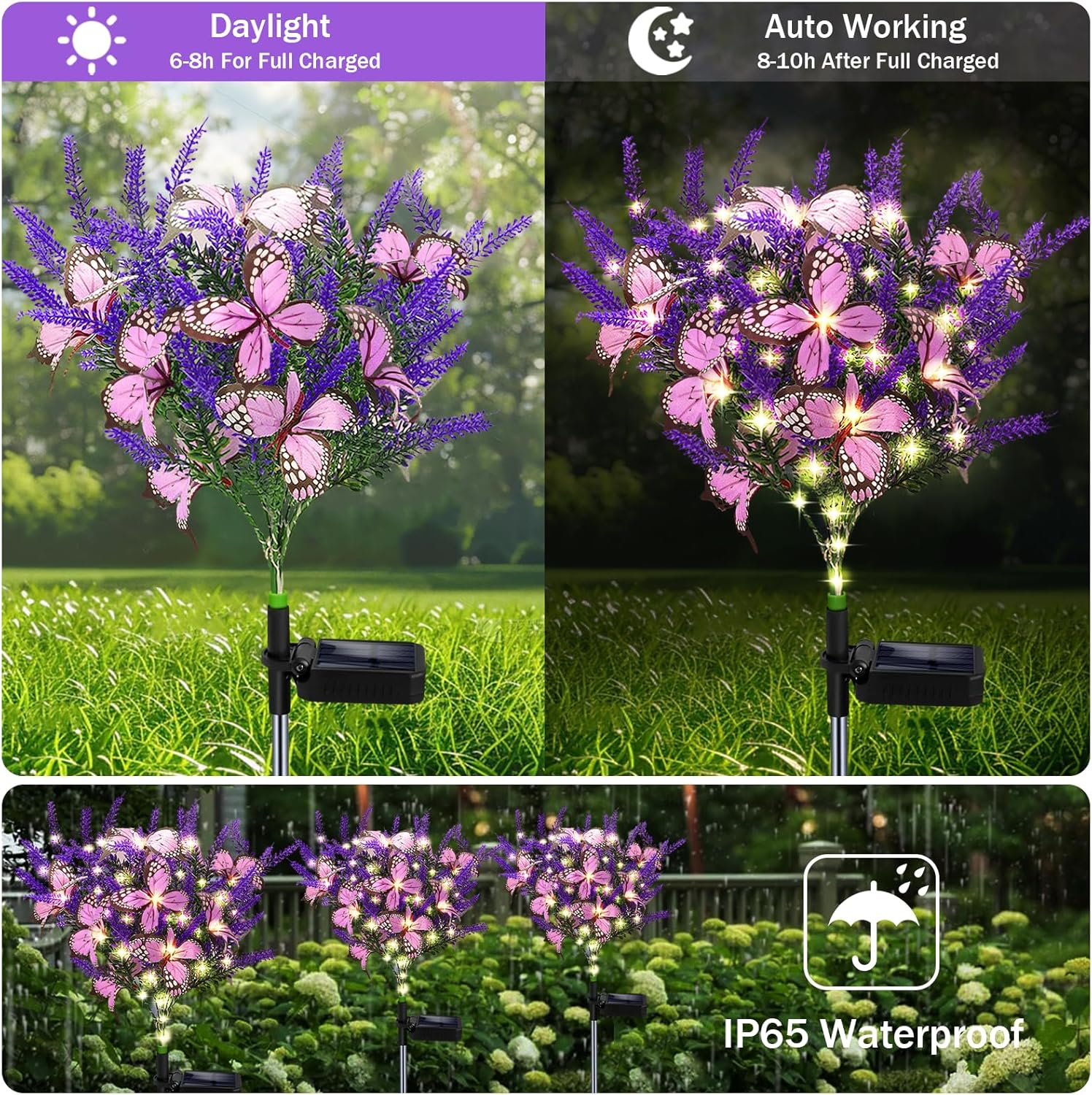 Outdoor Purple Solar Powered Artificial Flowers with Butterfly, Purple Garden Decoration