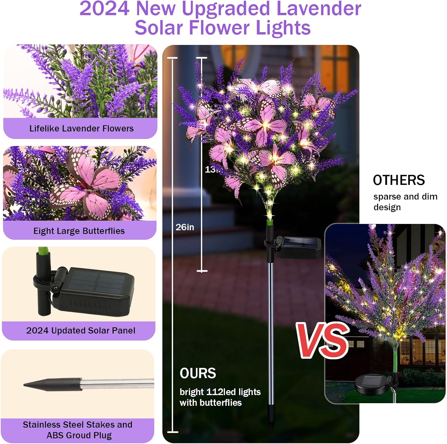 Outdoor Purple Solar Powered Artificial Flowers with Butterfly, Purple Garden Decoration