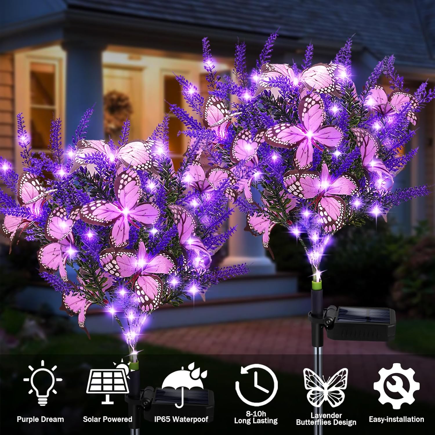 Outdoor Purple Solar Powered Artificial Flowers with Butterfly, Purple Garden Decoration